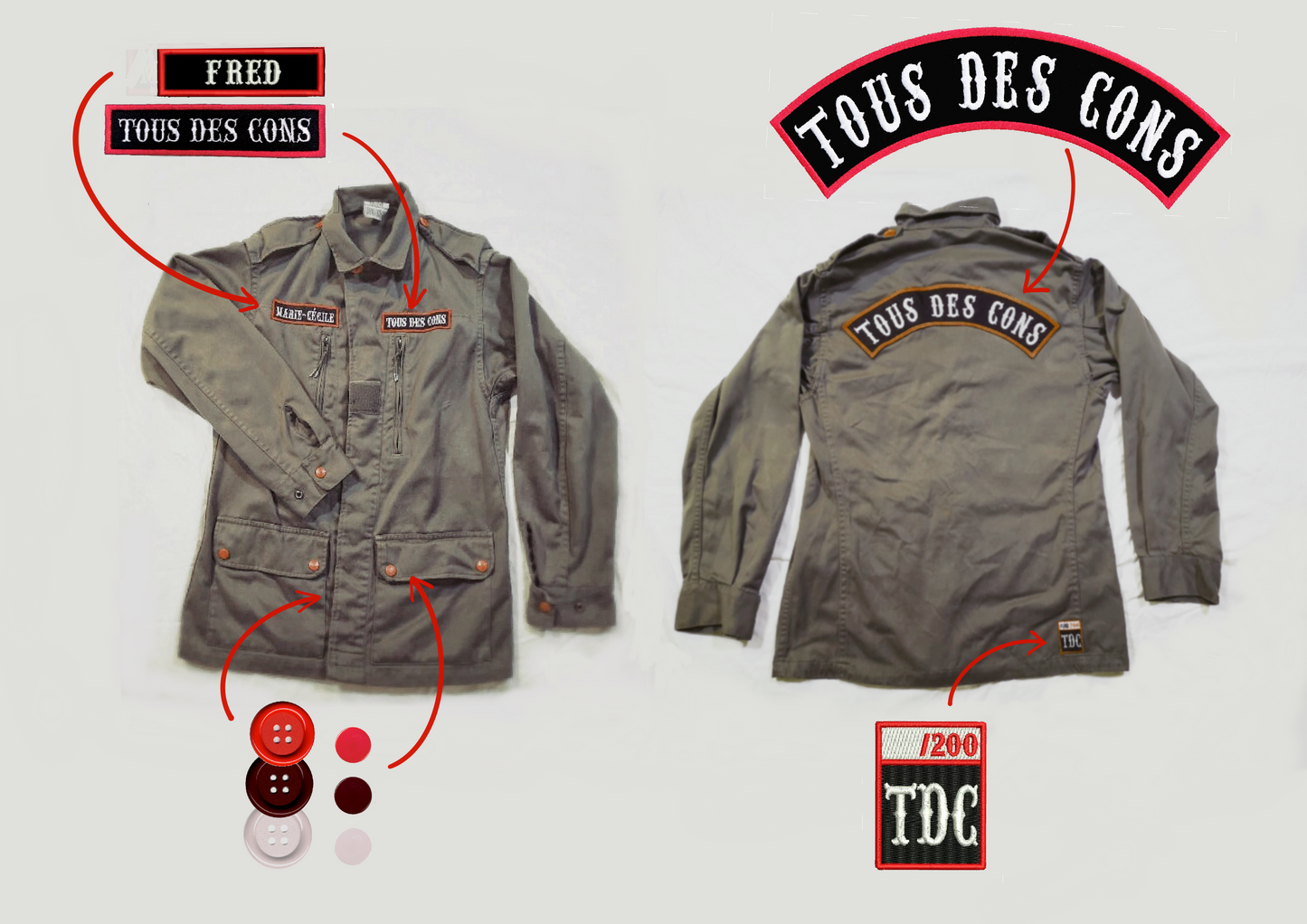 veste unisex vintage kaki "tous des cons"